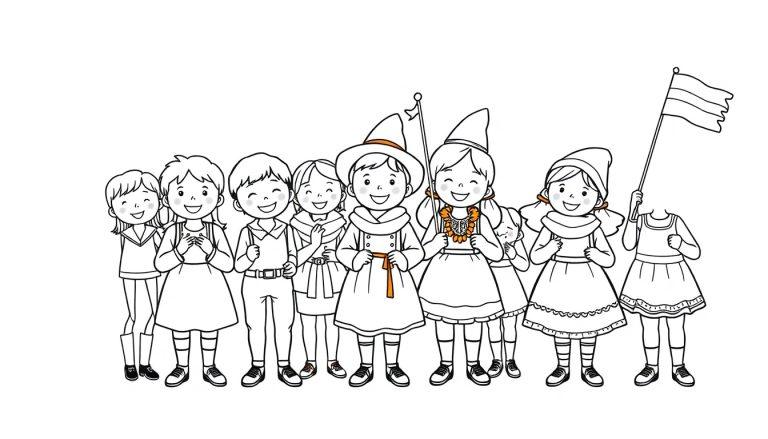 Kleurrijke kleurplaat van vrolijke kinderen in feestkleding die samen spelen en lachen.