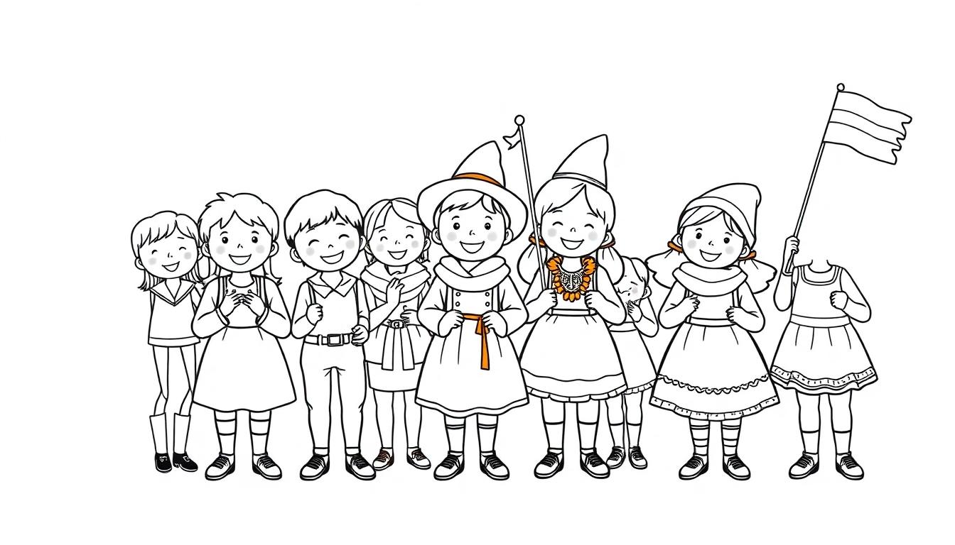 Kleurrijke kleurplaat van vrolijke kinderen in feestkleding die samen spelen en lachen.