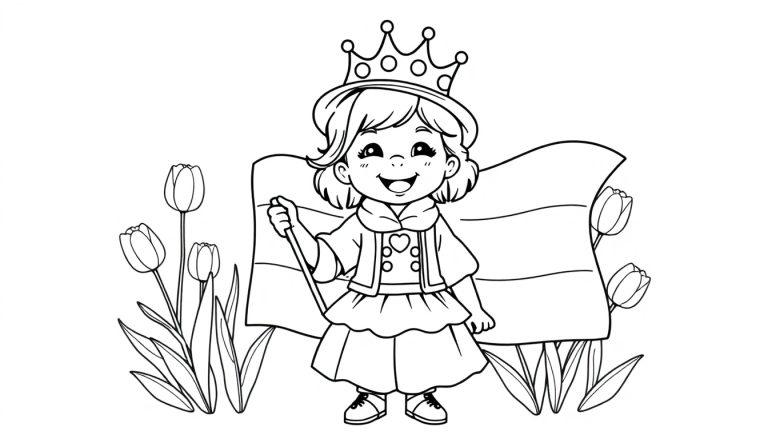 Kleurplaat van een vrolijk kinderfiguur met kroon, vlag en tulpen, perfect om in te kleuren voor Koningsdag.