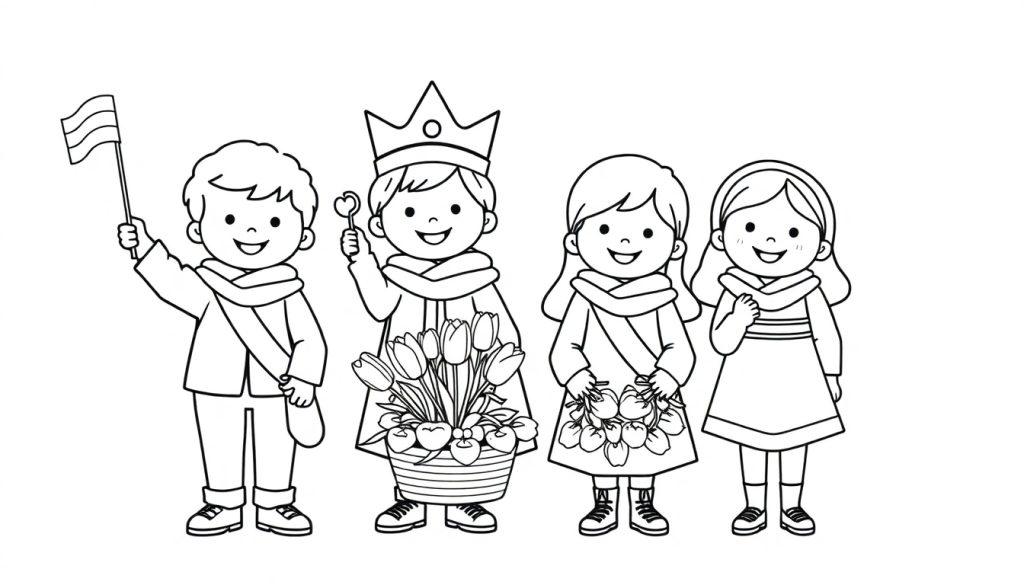 Kleurplaat van vier lachende kinderen in feestkleding, met vlag, kroon, tulpen en sjerpen, klaar voor Koningsdag.