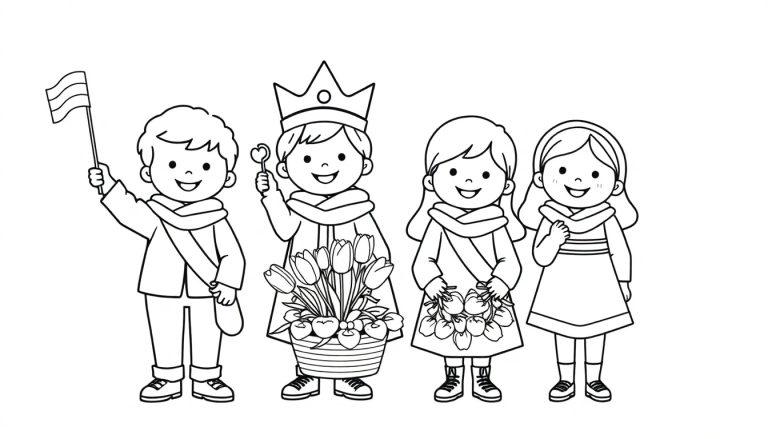 Kleurplaat van vier lachende kinderen in feestkleding, met vlag, kroon, tulpen en sjerpen, klaar voor Koningsdag.