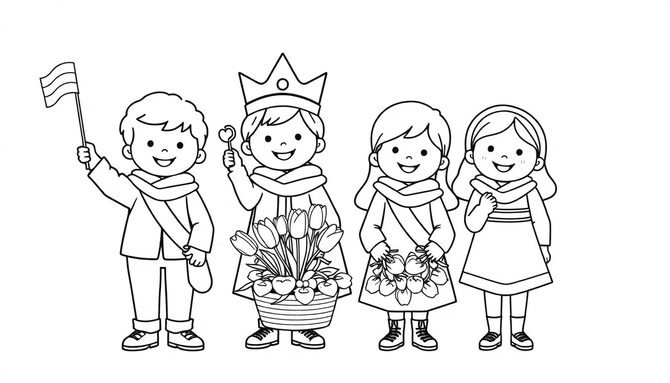 Kleurplaat van vier lachende kinderen in feestkleding, met vlag, kroon, tulpen en sjerpen, klaar voor Koningsdag.