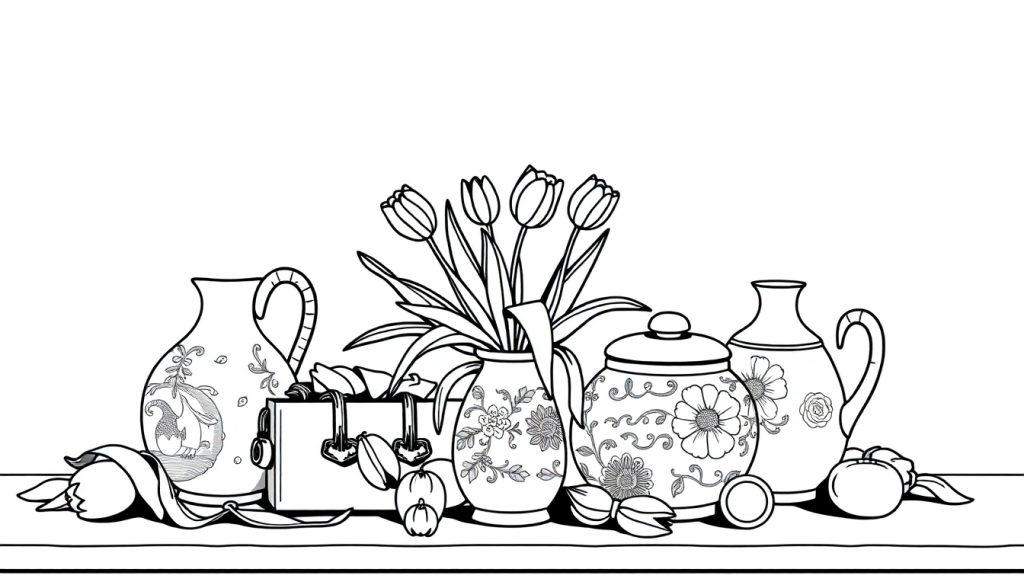 Een kleurplaat van een Oud Holland stilleven met vazen, tulpen, een gesloten doosje en fruit op een tafel.