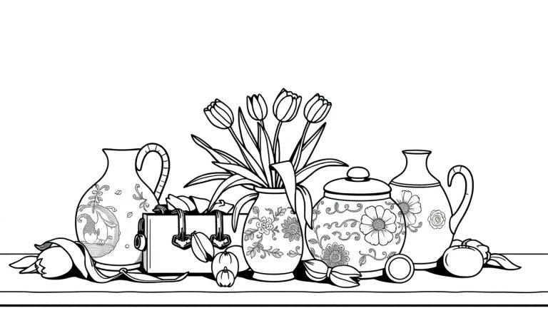 Een kleurplaat van een Oud Holland stilleven met vazen, tulpen, een gesloten doosje en fruit op een tafel.
