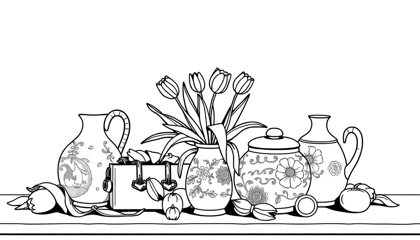 Een kleurplaat van een Oud Holland stilleven met vazen, tulpen, een gesloten doosje en fruit op een tafel.