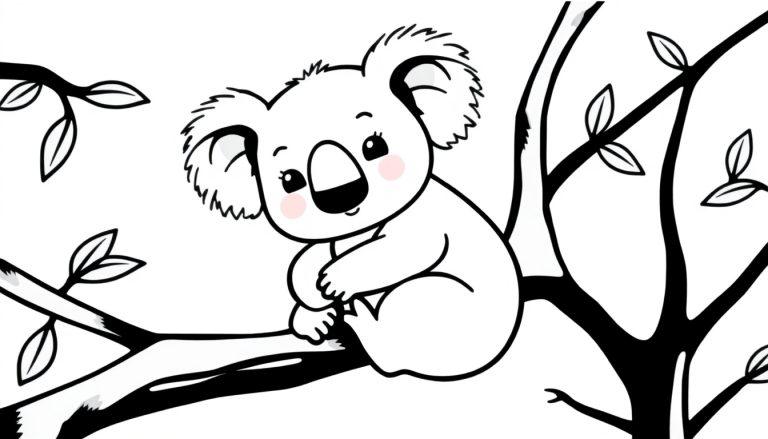 Kleurplaat van een schattige zwart-wit koala die in een boom zit, met grote oren en vriendelijke ogen.