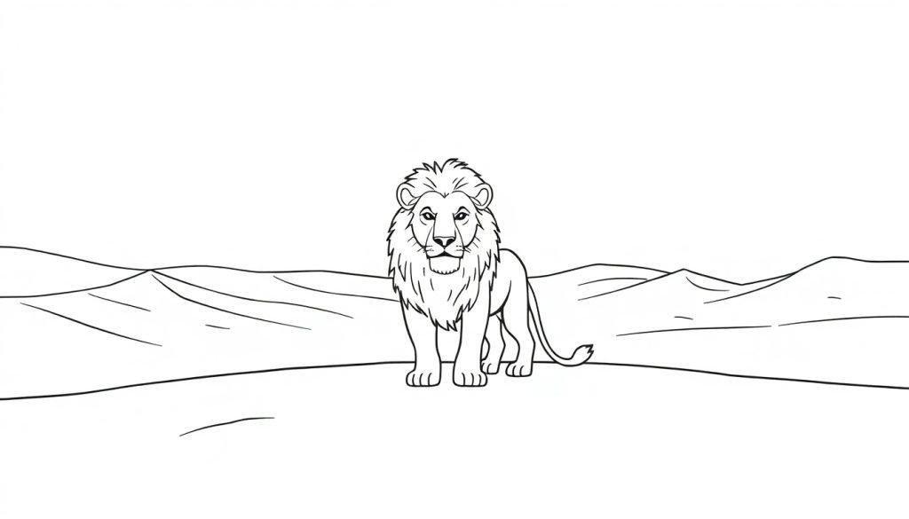 Kleurplaat van een Leeuw in de natuur, met heuvels op de achtergrond en een rustige vlakke ondergrond.