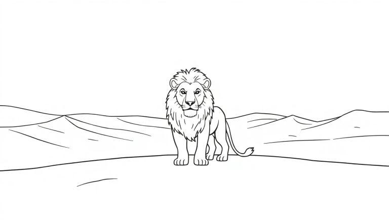 Kleurplaat van een Leeuw in de natuur, met heuvels op de achtergrond en een rustige vlakke ondergrond.