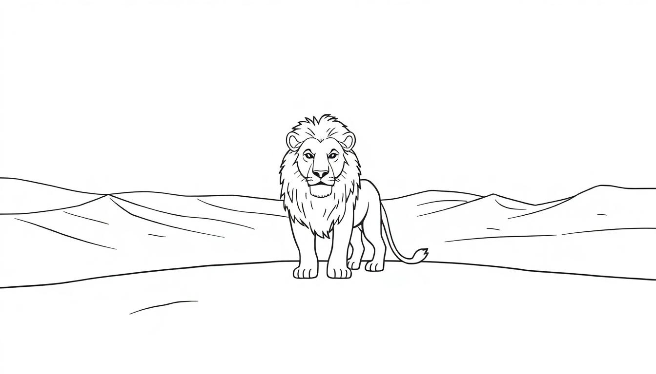 Kleurplaat van een Leeuw in de natuur, met heuvels op de achtergrond en een rustige vlakke ondergrond.