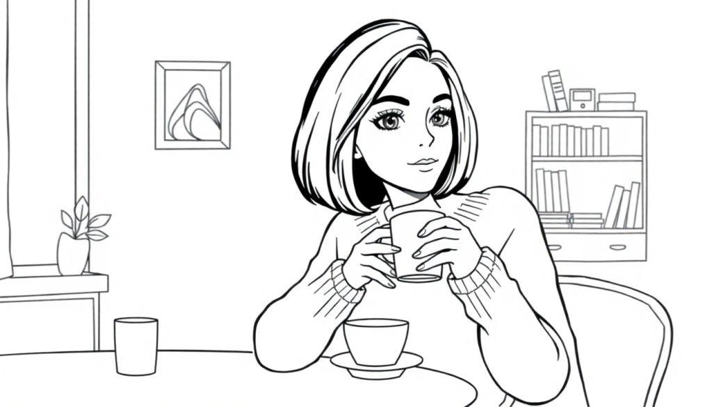 Kleurplaat van een vrouw met bobhaar die thee drinkt in een huiselijke kamer