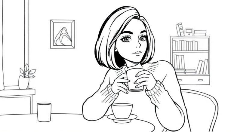 Kleurplaat van een vrouw met bobhaar die thee drinkt in een huiselijke kamer