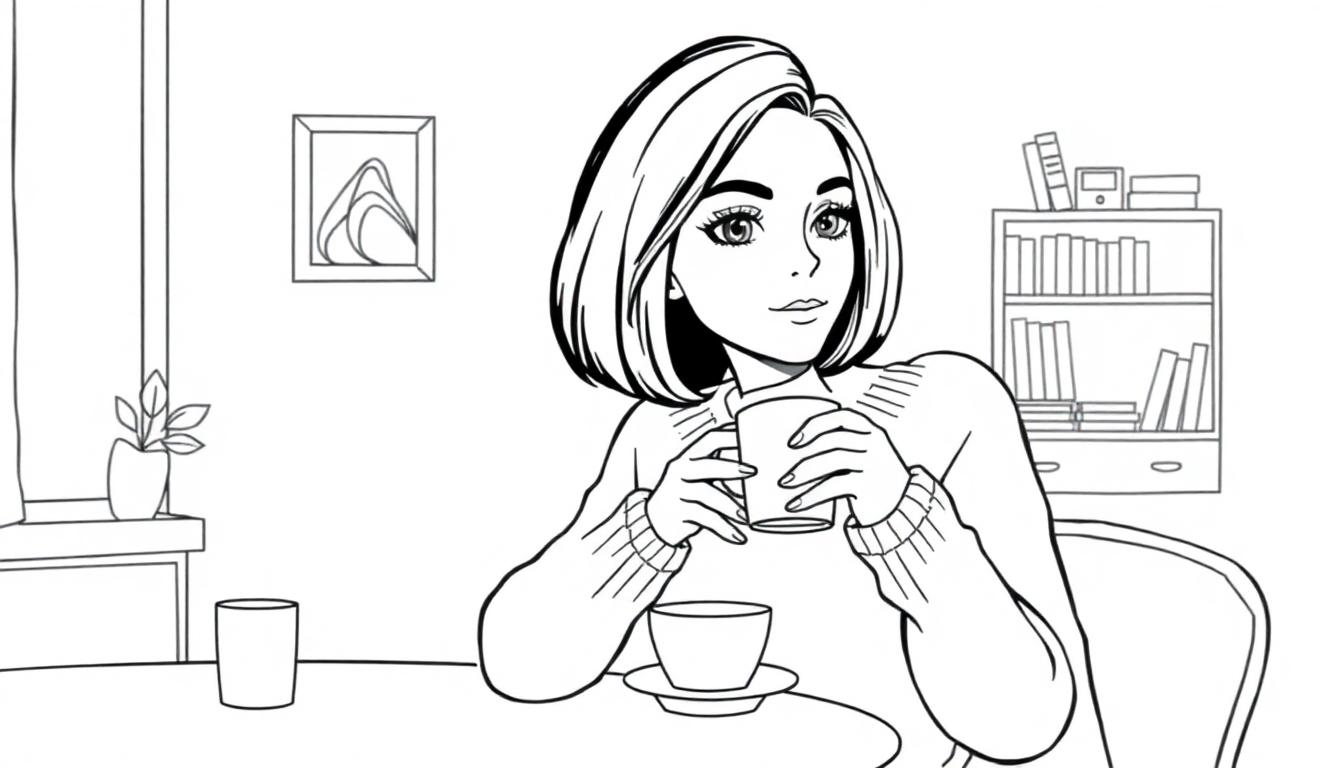 Kleurplaat van een vrouw met bobhaar die thee drinkt in een huiselijke kamer