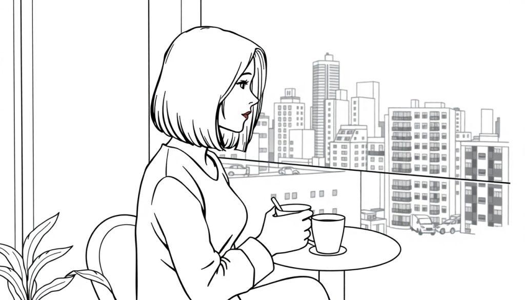 Kleurplaat van een vrouw die aan een tafel kijkt door een groot raam op een stad met hoge gebouwen.