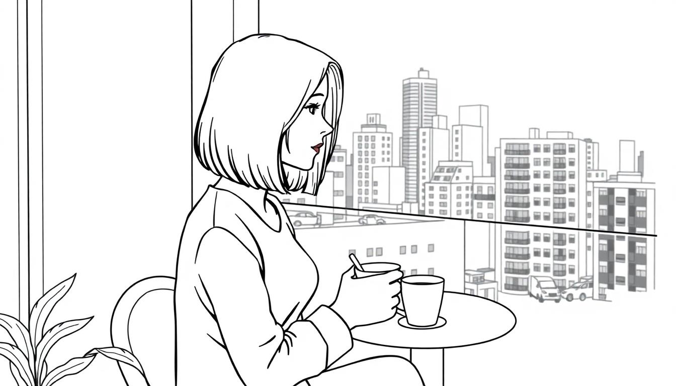 Kleurplaat van een vrouw die aan een tafel kijkt door een groot raam op een stad met hoge gebouwen.