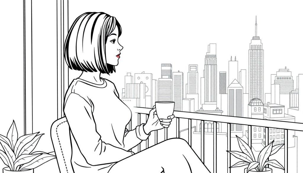 Kleurplaat van een jonge vrouw met bob haar die koffie drinkt op haar balkon in de stad, met planten en een skyline op de achtergrond.