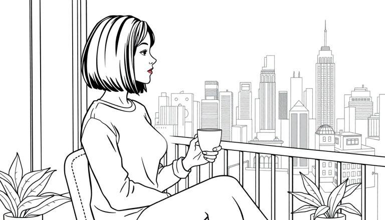 Kleurplaat van een jonge vrouw met bob haar die koffie drinkt op haar balkon in de stad, met planten en een skyline op de achtergrond.
