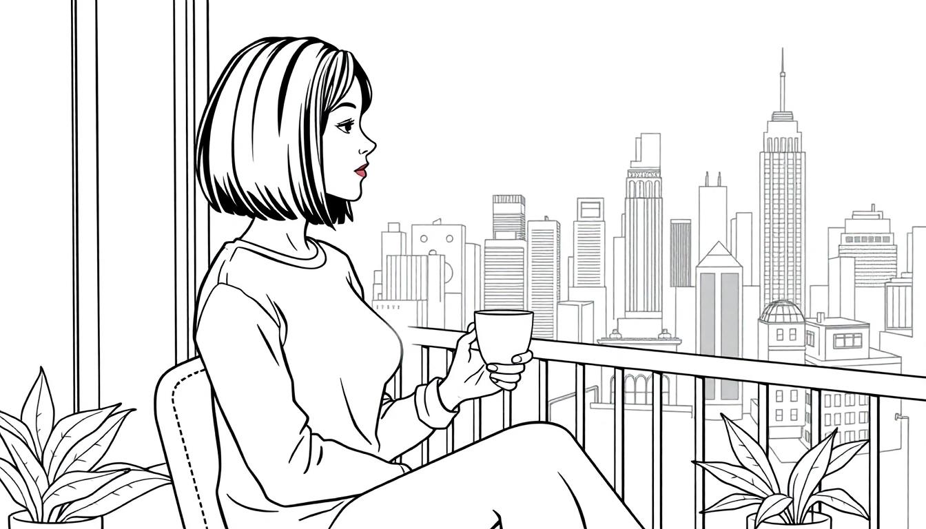 Kleurplaat van een jonge vrouw met bob haar die koffie drinkt op haar balkon in de stad, met planten en een skyline op de achtergrond.