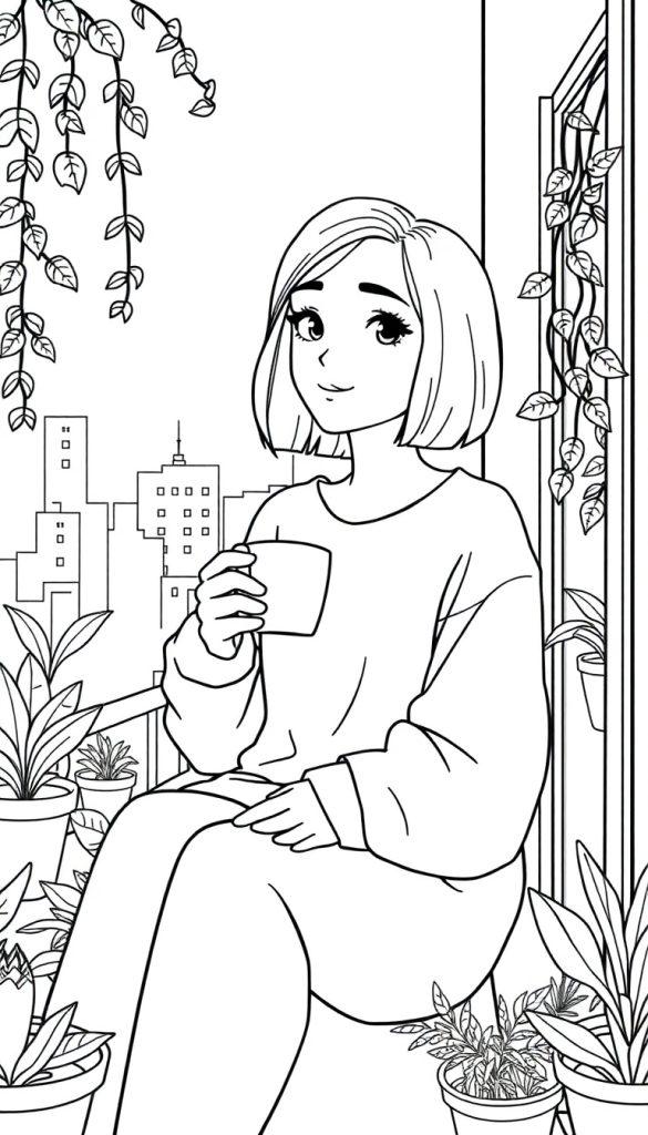 Kleurplaat van een vrouw met schouderlang haar die op een balkon zit met potplanten en een stad op de achtergrond.