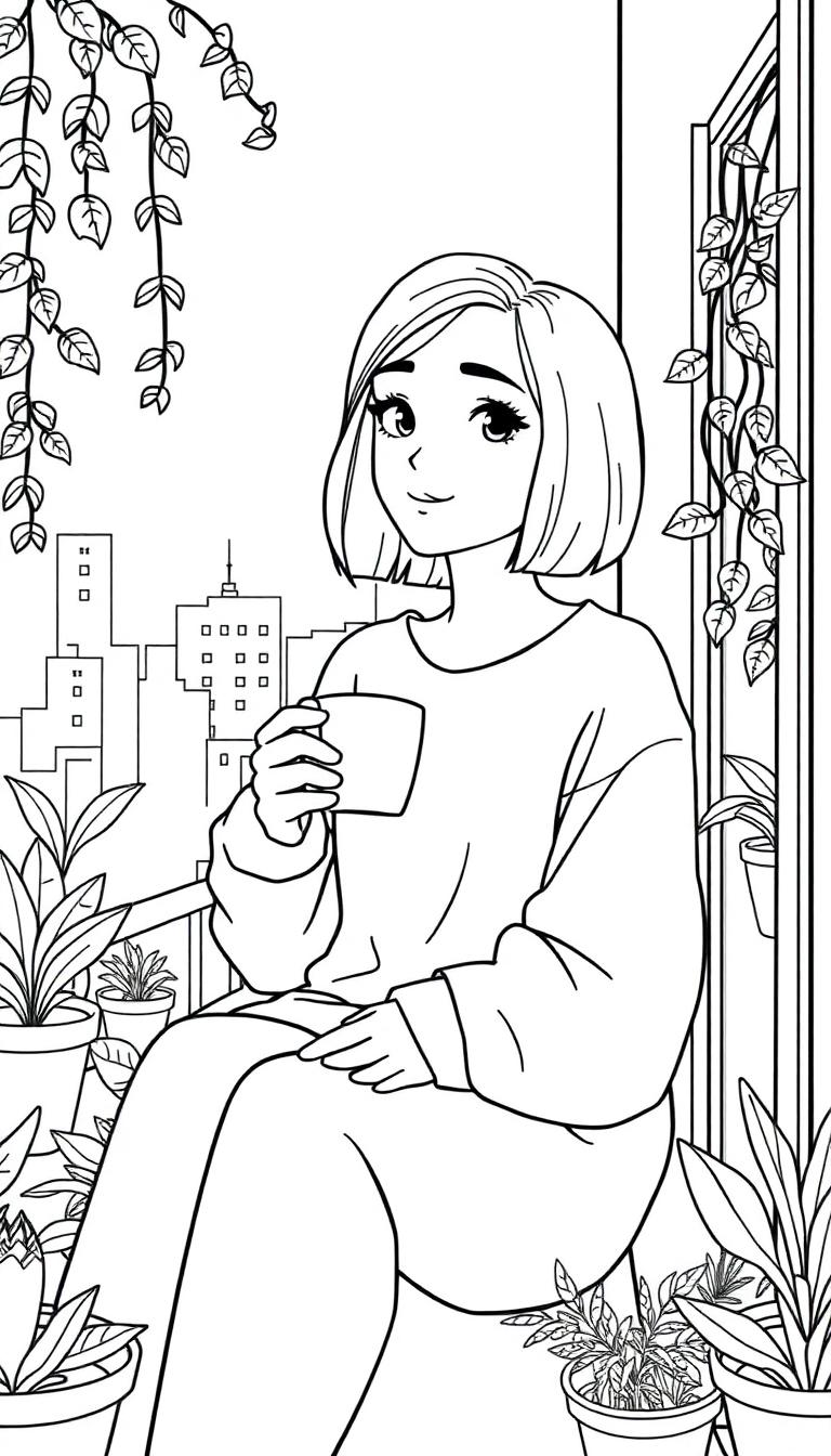 Kleurplaat van een vrouw met schouderlang haar die op een balkon zit met potplanten en een stad op de achtergrond.