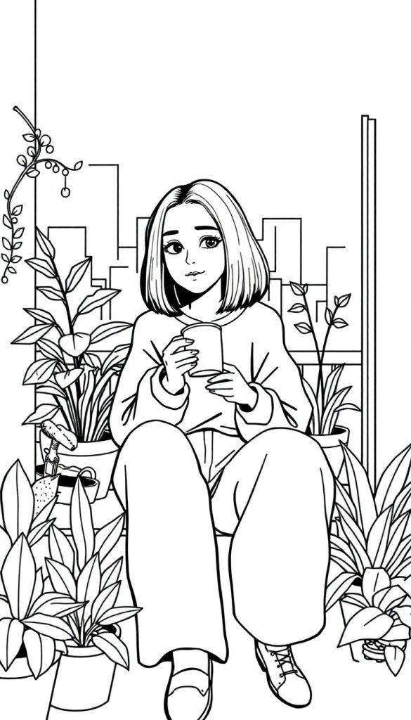 Een kleurplaat van een jonge vrouw met een bob-kapsel die op haar balkon zit, omringd door planten en stadselementen, terwijl ze koffie drinkt.