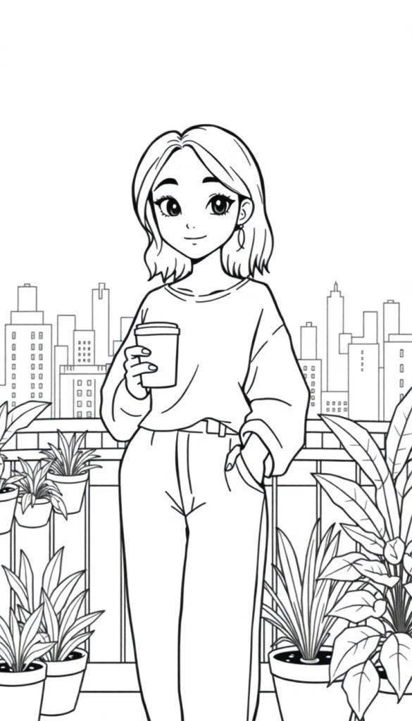 Kleurplaat van een jonge vrouw die op een balkon staat met planten en de stad in de achtergrond.