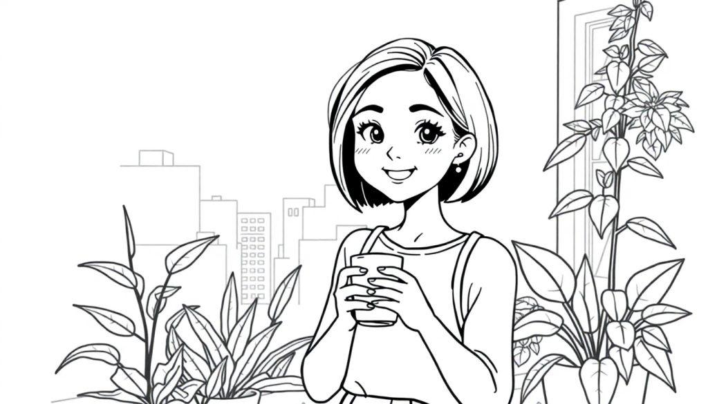 Kleurplaat van een lachend meisje met kort haar die een drinkbeker vasthoudt, met planten en stad op de achtergrond, in manga-achtige stijl.