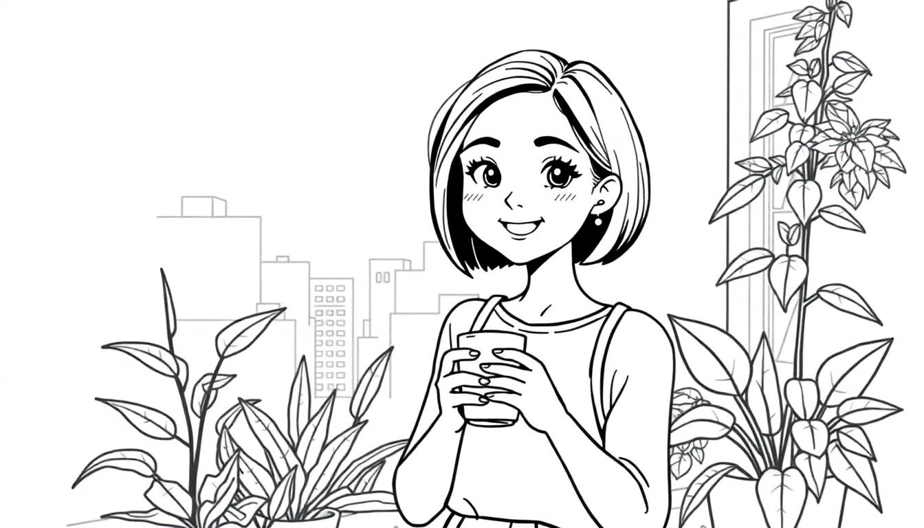 Kleurplaat van een lachend meisje met kort haar die een drinkbeker vasthoudt, met planten en stad op de achtergrond, in manga-achtige stijl.