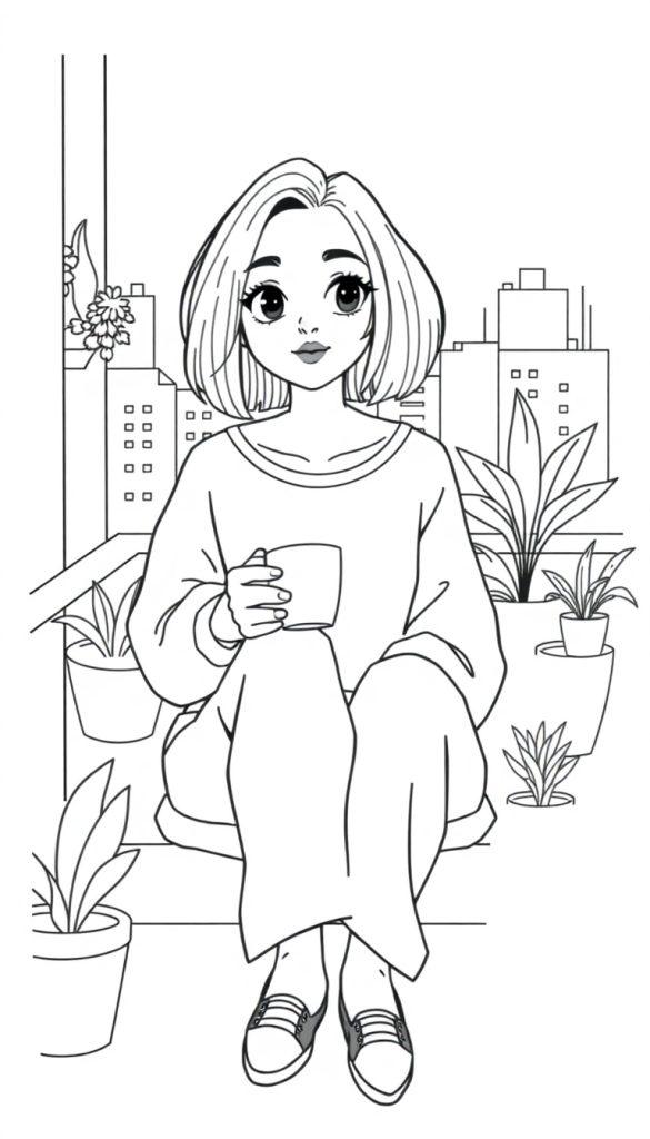 Kleurplaat van een jonge vrouw met bob haar die ontspannen op haar balkon zit met een kopje koffie, omringd door planten en met een stad op de achtergrond.