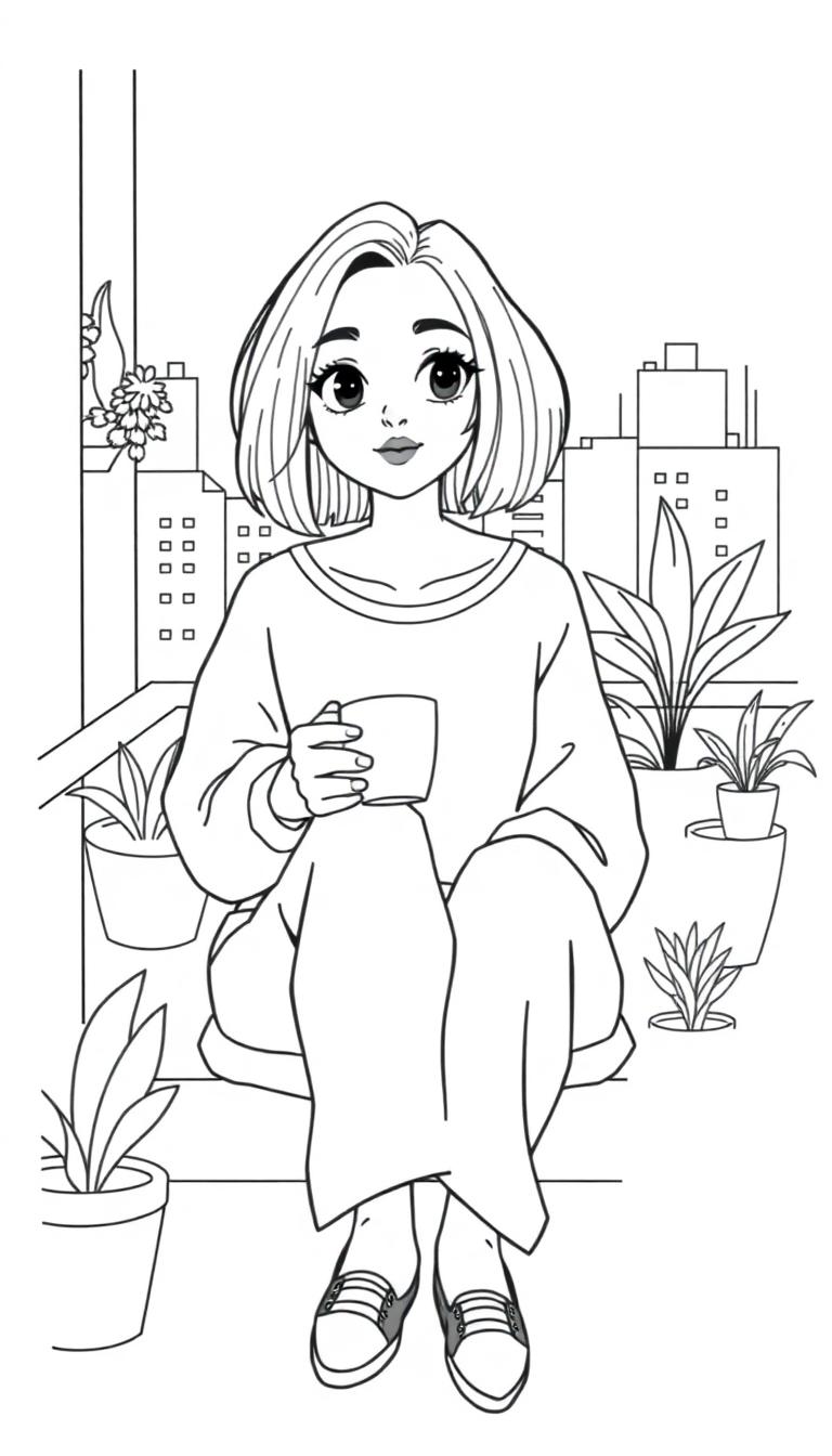 Kleurplaat van een jonge vrouw met bob haar die ontspannen op haar balkon zit met een kopje koffie, omringd door planten en met een stad op de achtergrond.