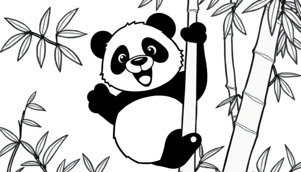 Kleurplaat van een schattige panda die een bamboestam vasthoudt, met bamboestengels en bladeren eromheen. De afbeelding is zwart-wit, perfect voor kleuren!