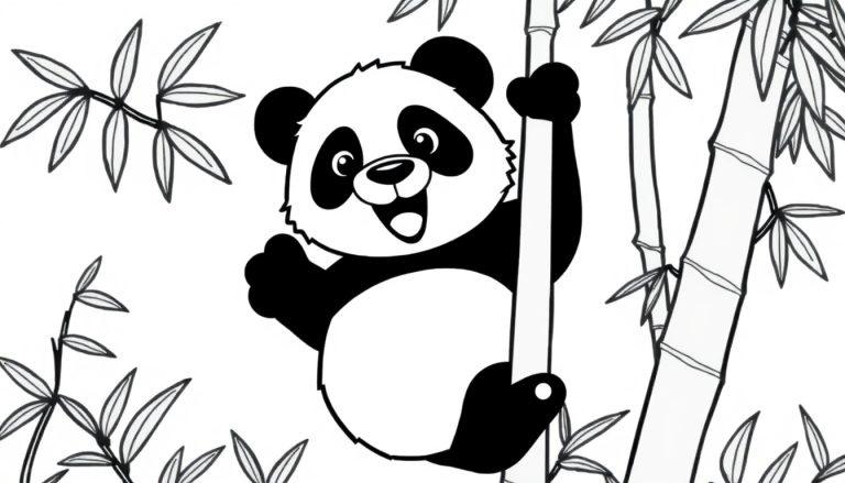 Kleurplaat van een schattige panda die een bamboestam vasthoudt, met bamboestengels en bladeren eromheen. De afbeelding is zwart-wit, perfect voor kleuren!