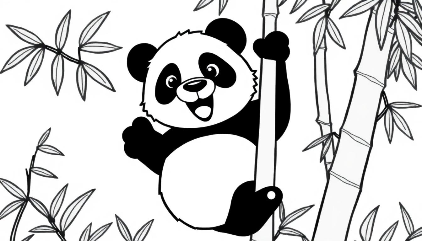 Kleurplaat van een schattige panda die een bamboestam vasthoudt, met bamboestengels en bladeren eromheen. De afbeelding is zwart-wit, perfect voor kleuren!