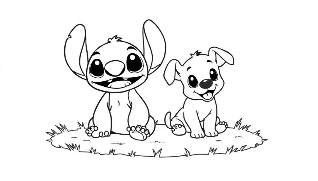 Zwart-witte kleurplaat van een vrolijke alien en puppy die samen op gras zitten, met grote ogen en glimlachen.