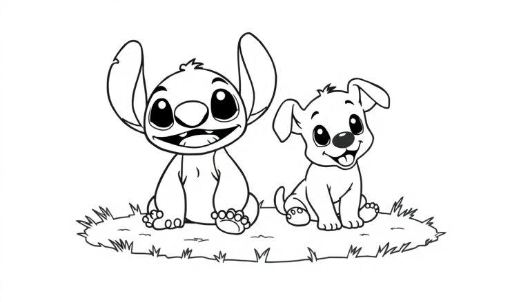 Zwart-witte kleurplaat van een vrolijke alien en puppy die samen op gras zitten, met grote ogen en glimlachen.