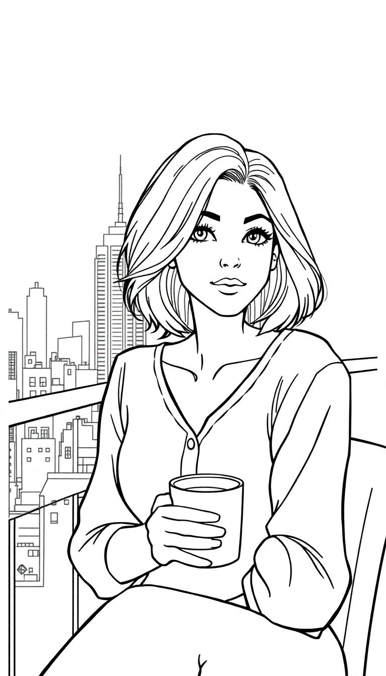 Kleurplaat van een vrouw die ontspannen zit met een mok in haar hand, op haar balkon met een stad op de achtergrond.