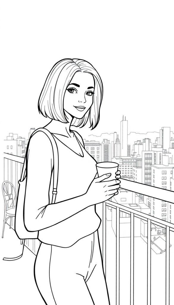 Kleurplaat van een jonge vrouw met kort haar op een balkon met uitzicht op de stad, terwijl ze koffie drinkt en een rugtas draagt.