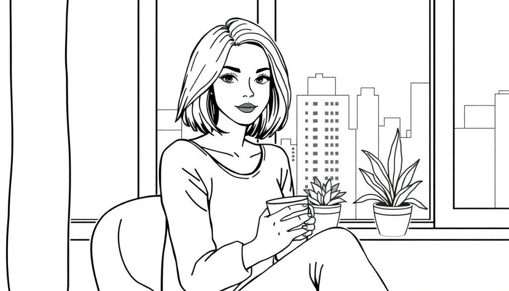 Kleurplaat van een rustige vrouw met schouderlang bob haar die in een appartement met grote ramen zit, een kopje in haar handen, met stadsgebouwen en planten op de vensterbank achter haar.