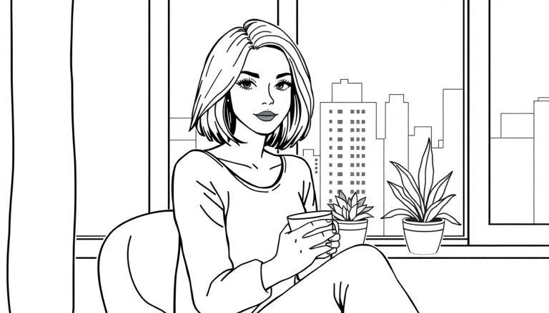 Kleurplaat van een rustige vrouw met schouderlang bob haar die in een appartement met grote ramen zit, een kopje in haar handen, met stadsgebouwen en planten op de vensterbank achter haar.