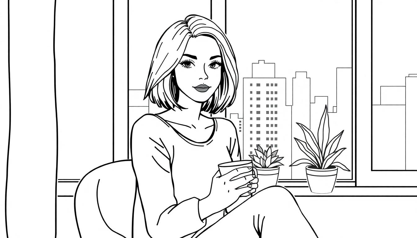 Kleurplaat van een rustige vrouw met schouderlang bob haar die in een appartement met grote ramen zit, een kopje in haar handen, met stadsgebouwen en planten op de vensterbank achter haar.