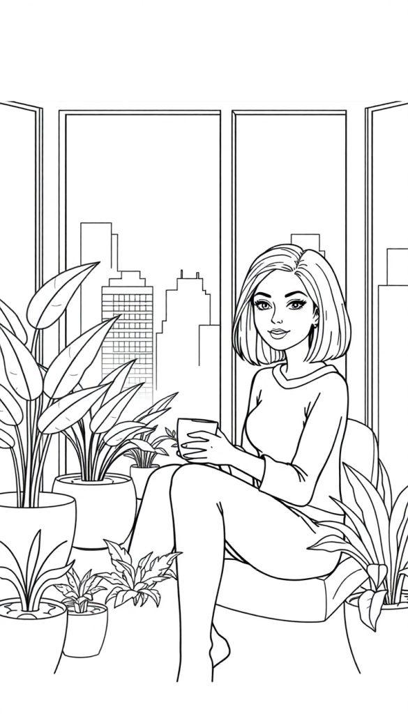 Deze kleurplaat toont een ontspannen vrouw in haar slaapkamer met planten, grote ramen en een kopje koffie. Een rustgevende binnenscène voor kinderen.