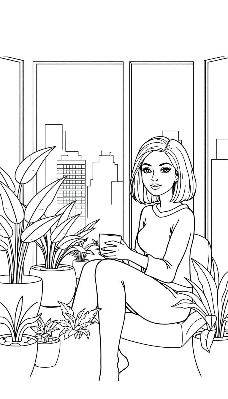 Deze kleurplaat toont een ontspannen vrouw in haar slaapkamer met planten, grote ramen en een kopje koffie. Een rustgevende binnenscène voor kinderen.