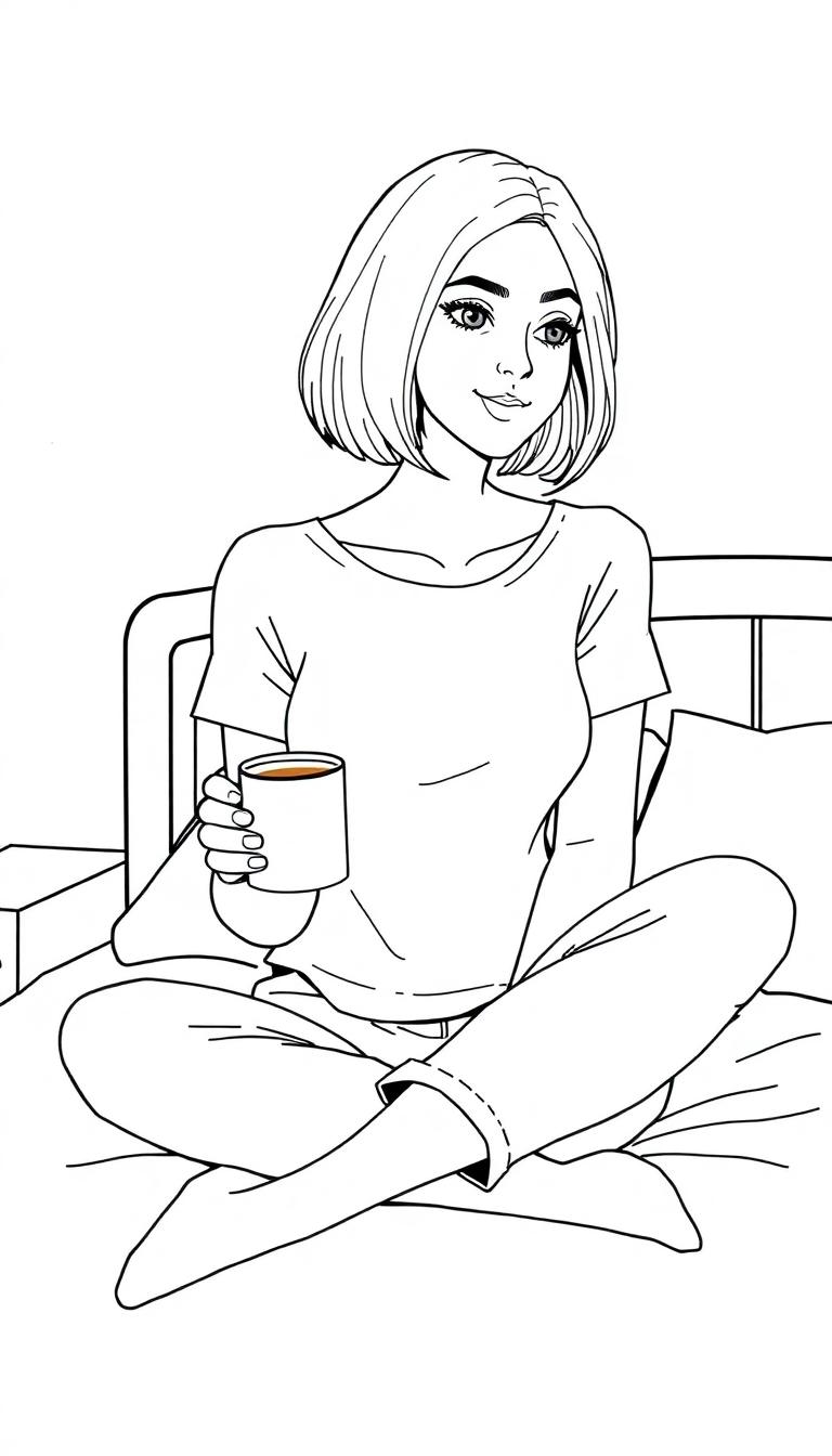 Kleurplaat van een meisje met halflang haar zittend op een bed, thee drinkend, met een ontspannen glimlach.