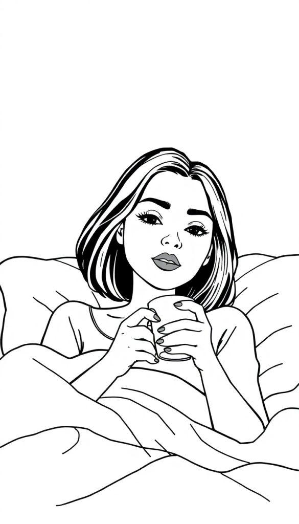Kleurplaat van een vrouw in bed die een kopje vasthoudt, met eenvoudige lijnen en zonder kleur.