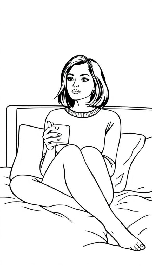 Kleurplaat van een jonge vrouw met een kort bob kapsel die ontspannen in bed zit en een mok vasthoudt.