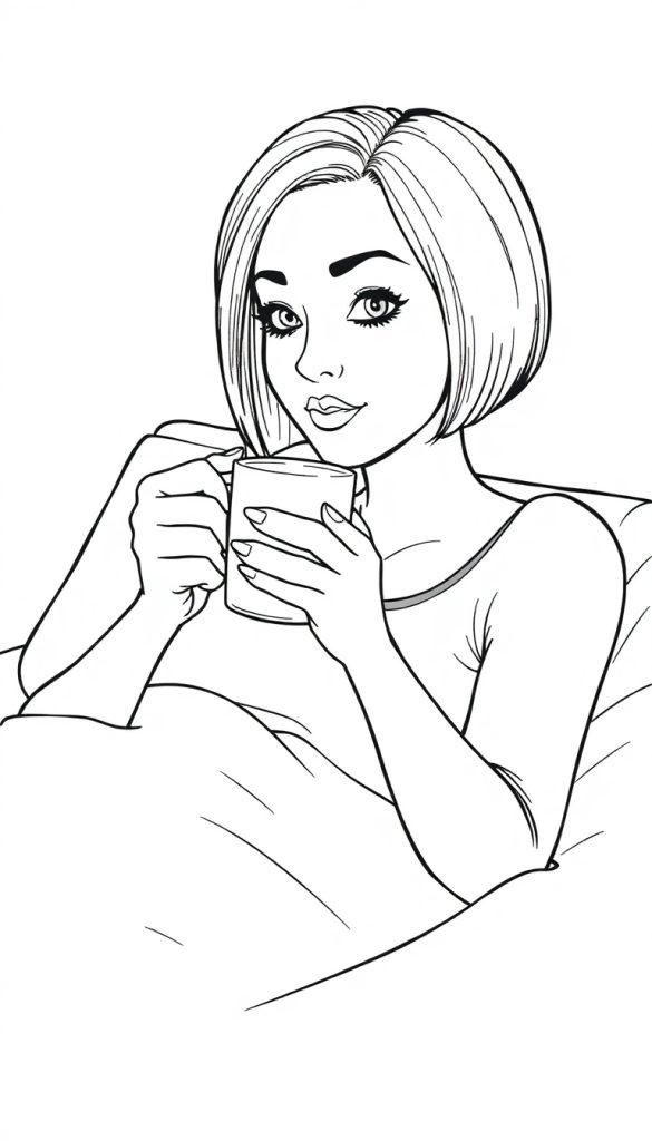 Kleurplaat van een vrouw met kort haar die ontspannen in bed zit en een beker vasthoudt.