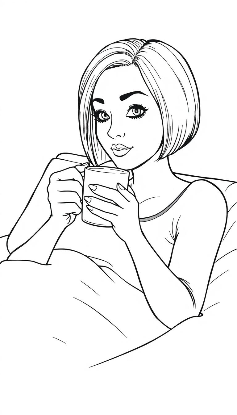 Kleurplaat van een vrouw met kort haar die ontspannen in bed zit en een beker vasthoudt.