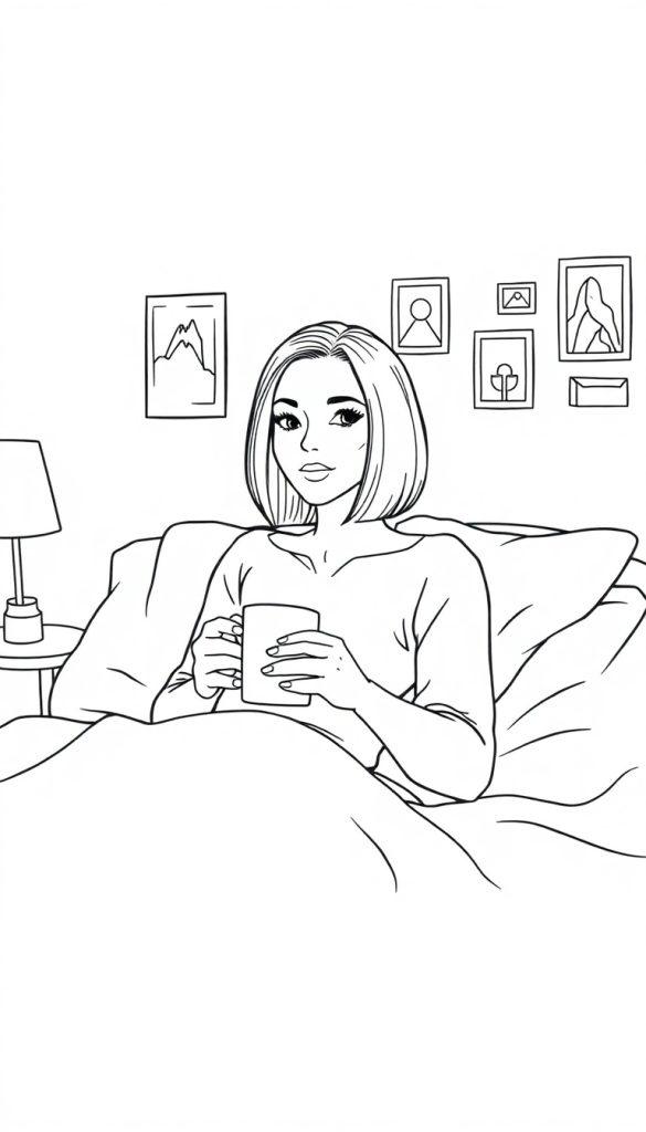 Kleurplaat van een vrouw in bed die met haar bob-kapsel en hoog voorhoofd koffie drinkt, met foto's aan de muur en een lamp op het tafelletje, alles in zwart-wit lijnen.