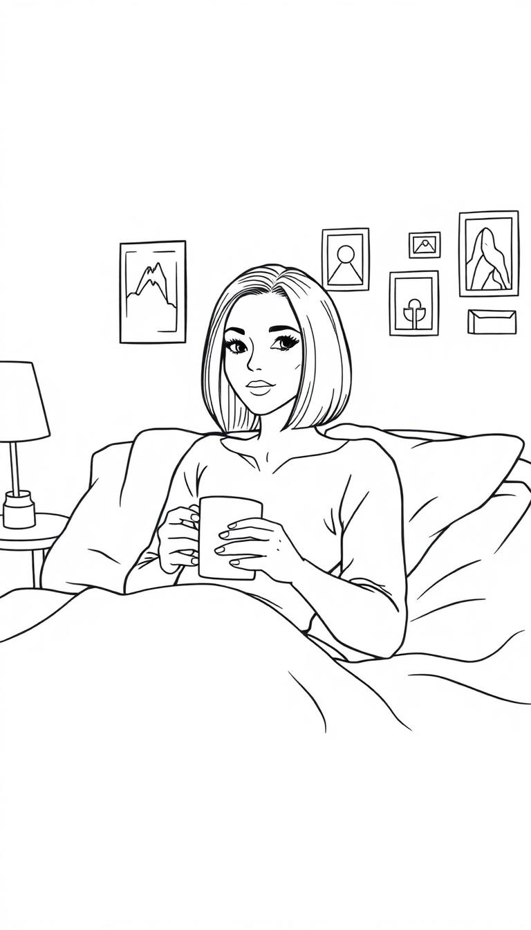 Kleurplaat van een vrouw in bed die met haar bob-kapsel en hoog voorhoofd koffie drinkt, met foto's aan de muur en een lamp op het tafelletje, alles in zwart-wit lijnen.