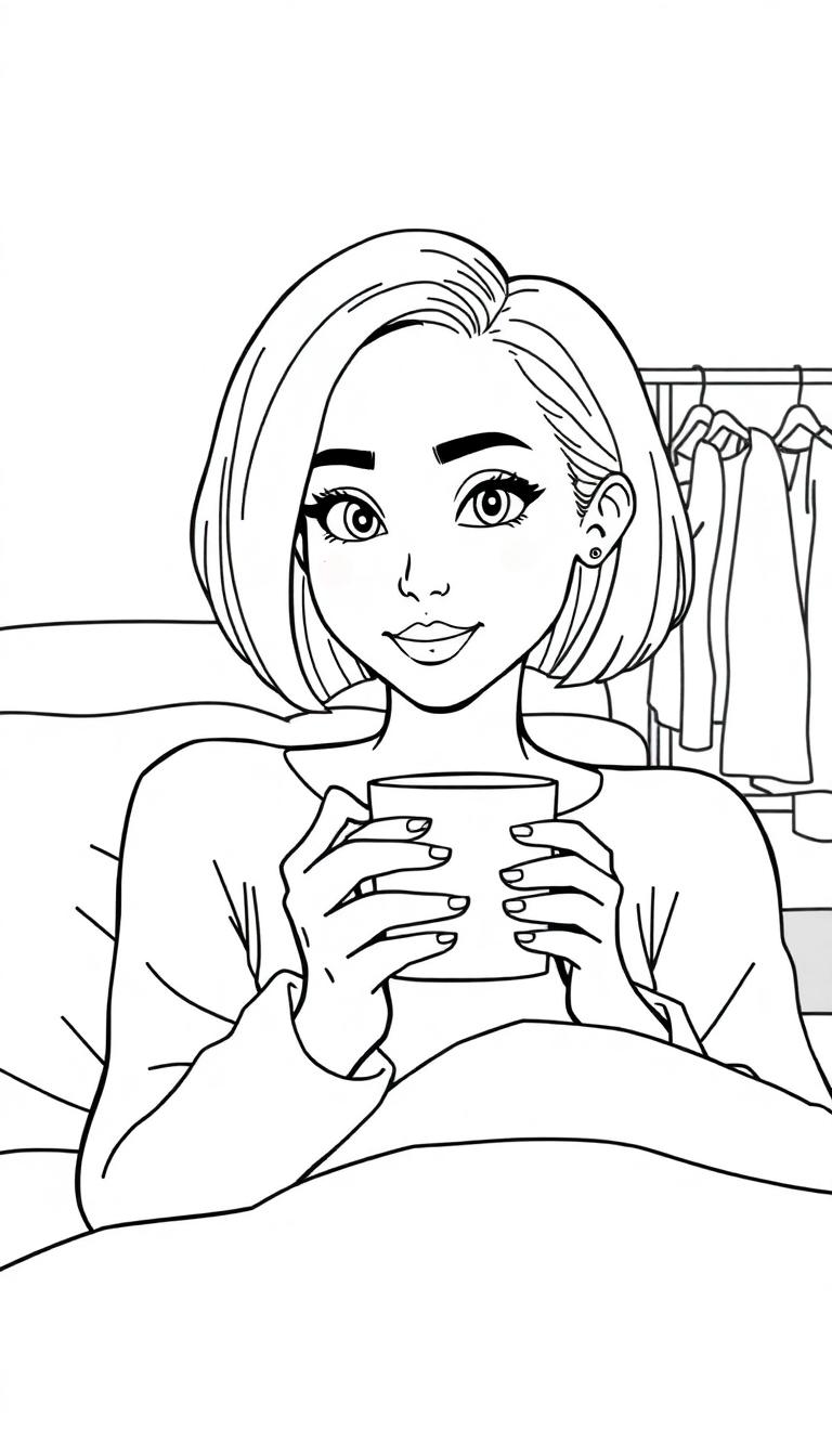 Een kleurplaat van een vriendelijke vrouw met kort haar die in bed zit en een kopje vasthoudt, met een kledingrek op de achtergrond.