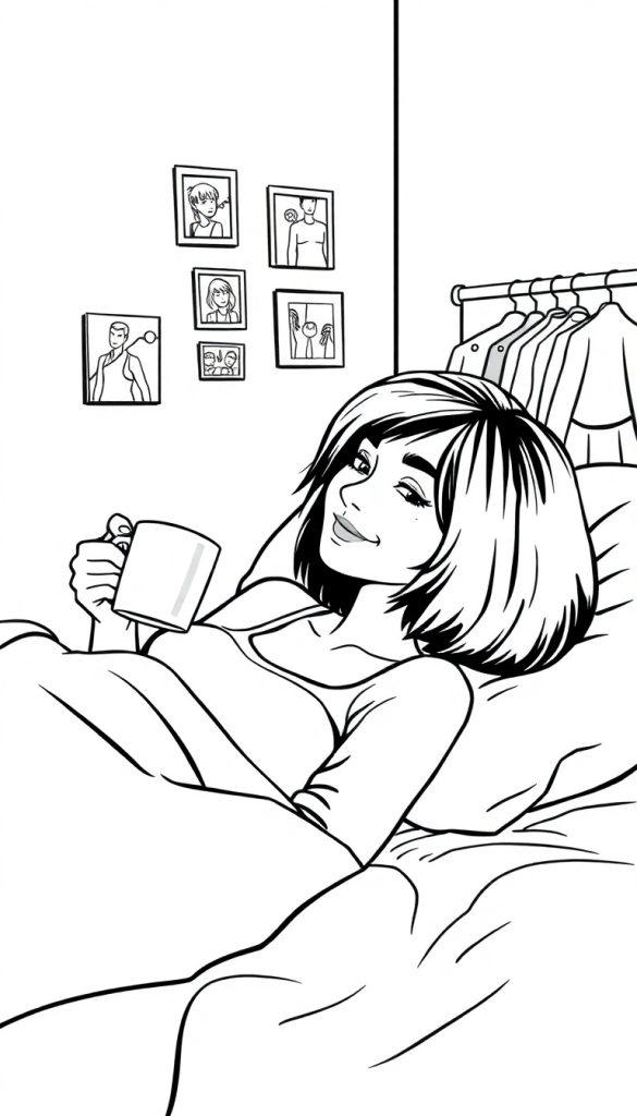 Kleurplaat van een vrouw die ontspannen in bed zit, met een mok, in haar slaapkamer met kledingrek en foto's aan de muur.